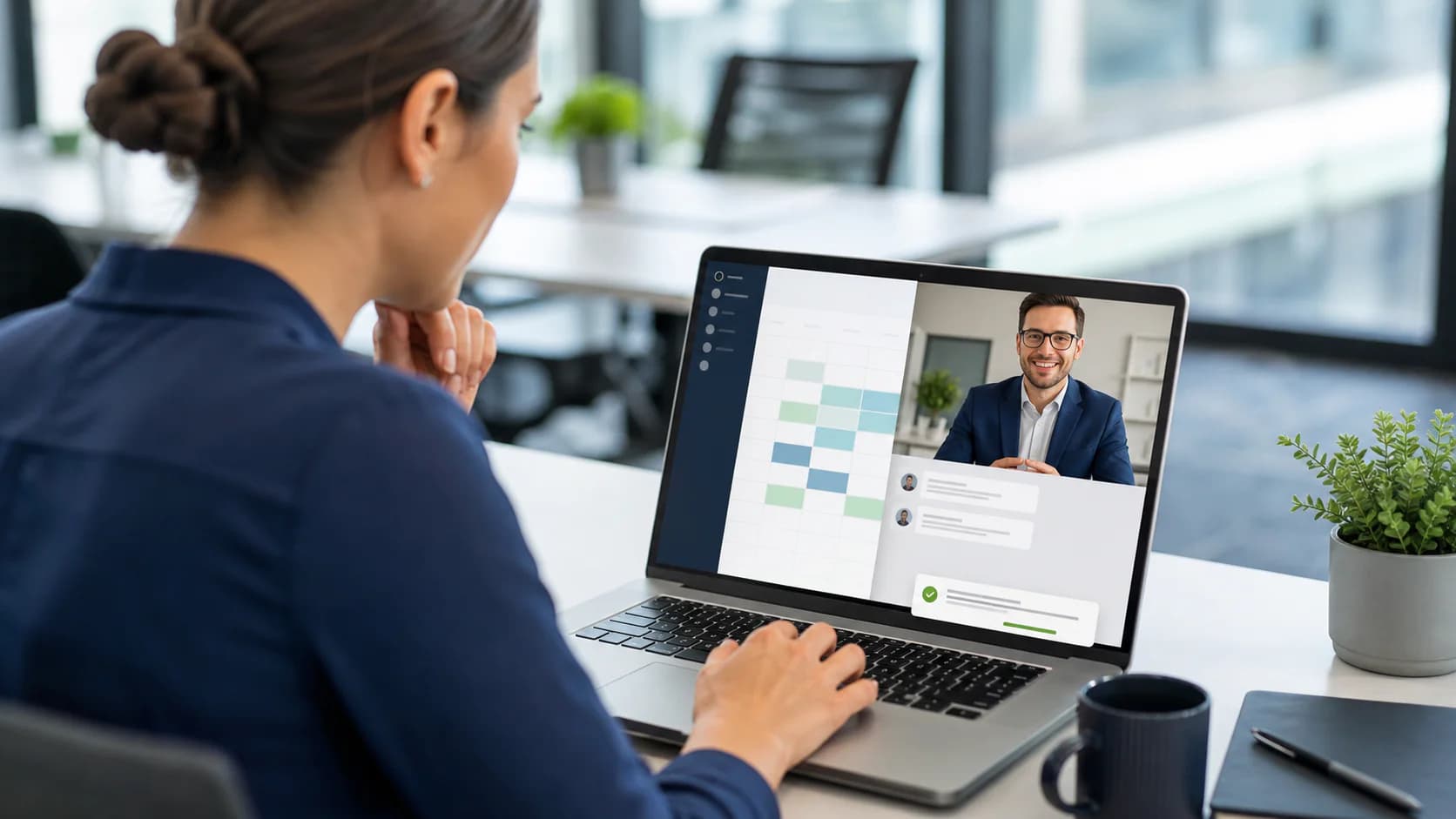 Sales coordinator reviewing a meeting conversation and calendar