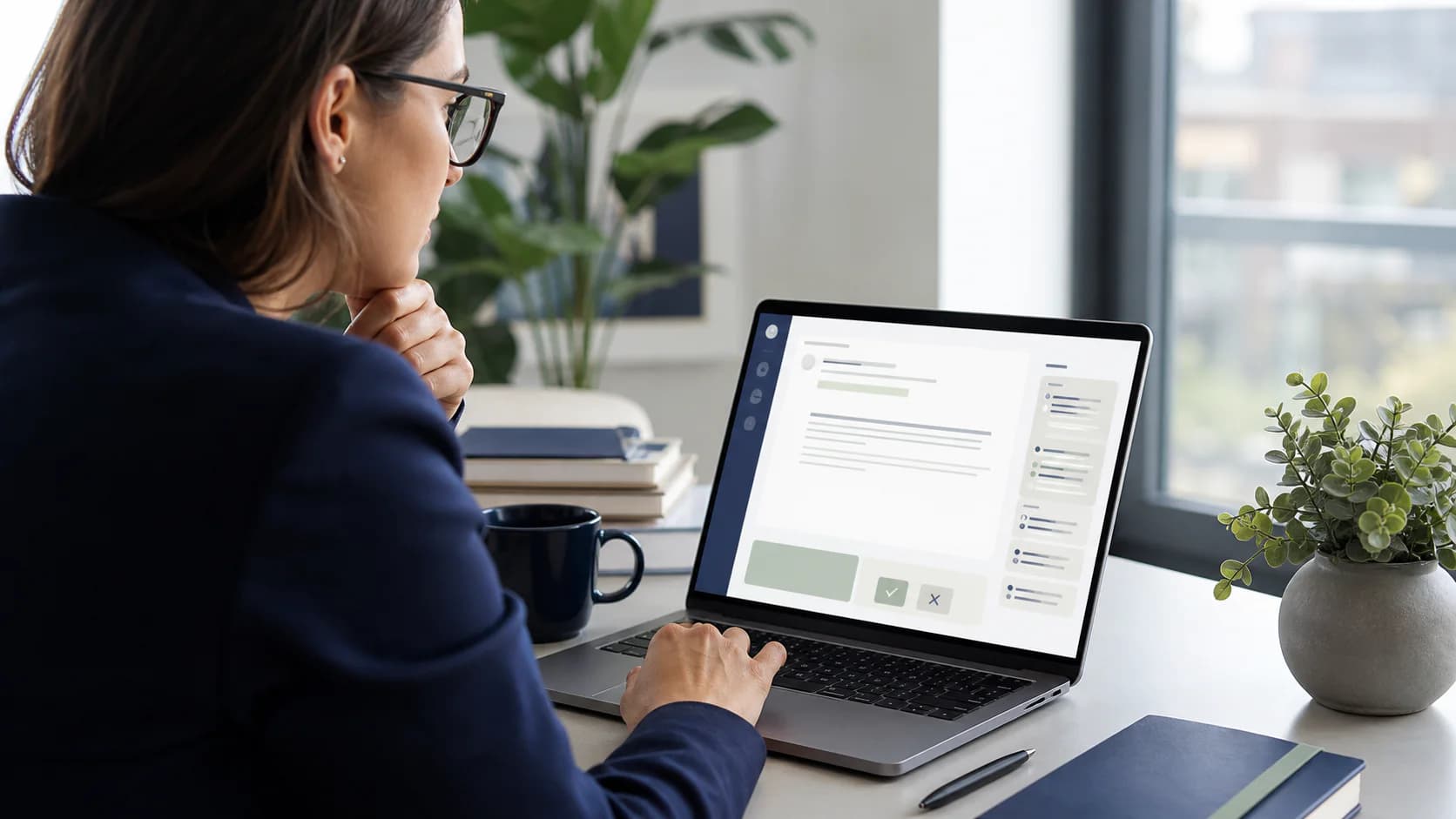 Operations professional reviewing an AI-prepared email draft