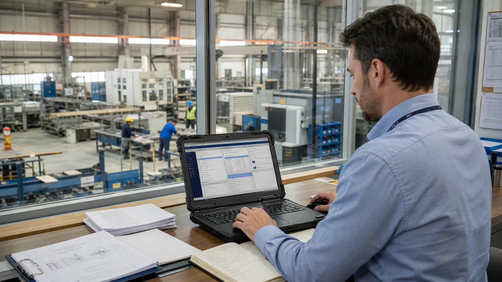 Manufacturing coordinator reviewing customer enquiries above a factory floor