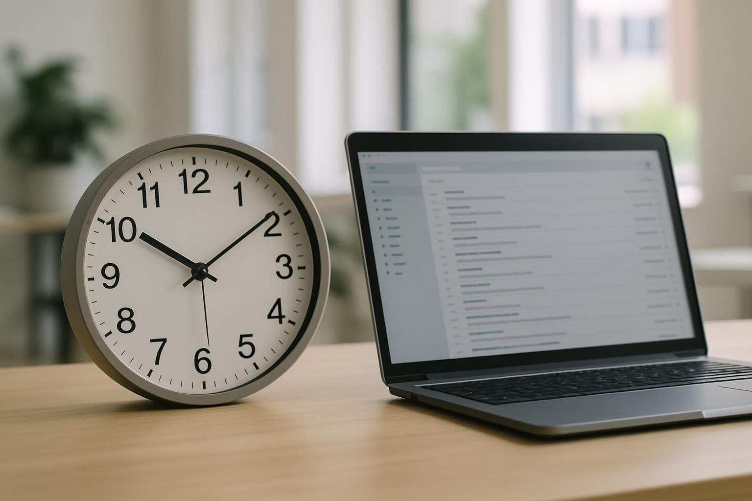 Wall clock beside a laptop showing an email inbox in a bright office