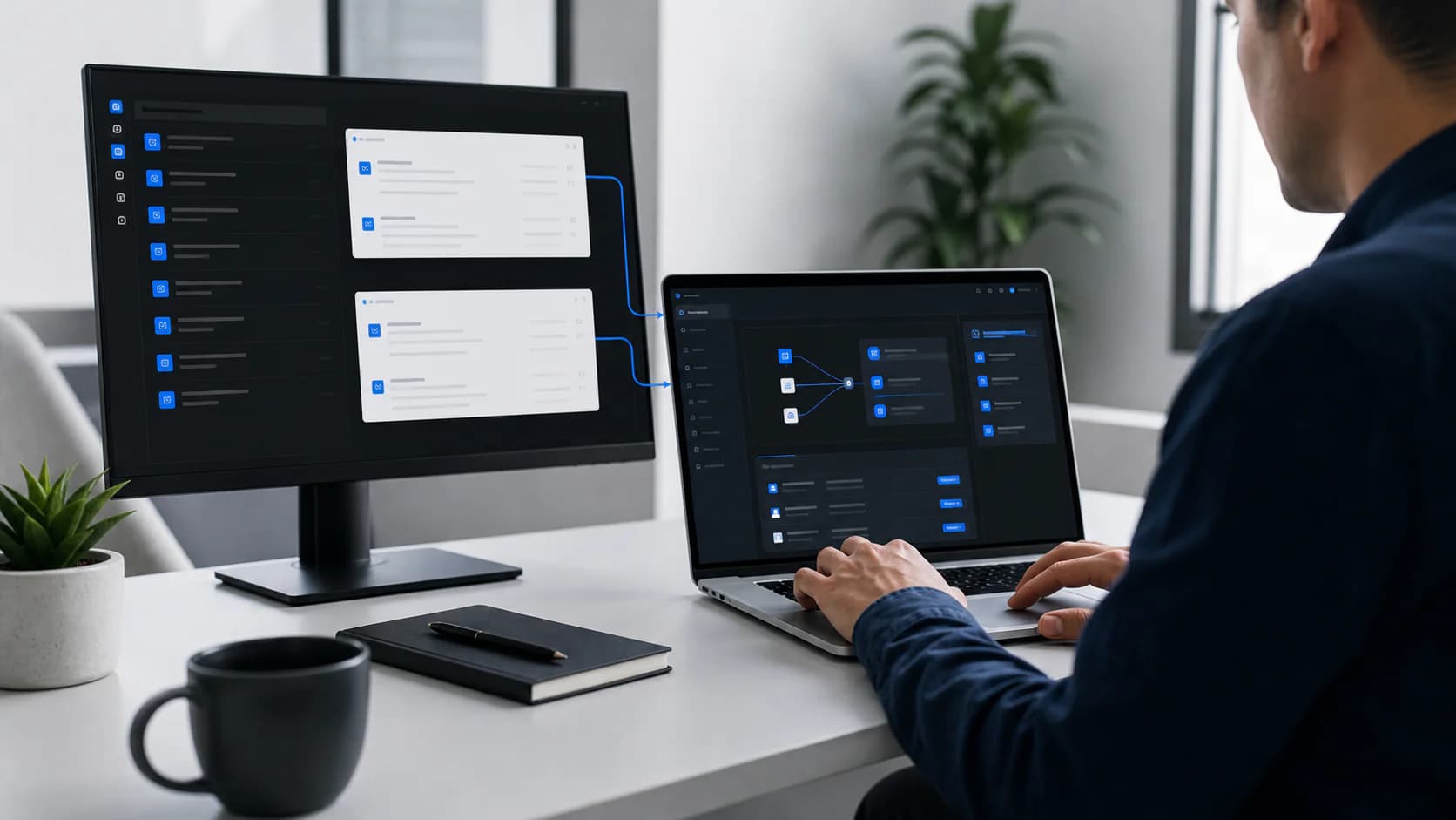 Professional reviewing two connected business mailbox workflows