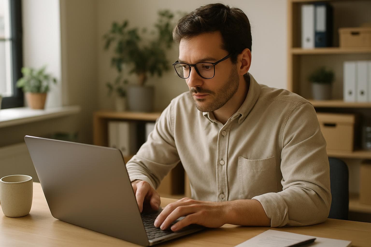 Small business owner reviewing email drafts on a laptop in morning light