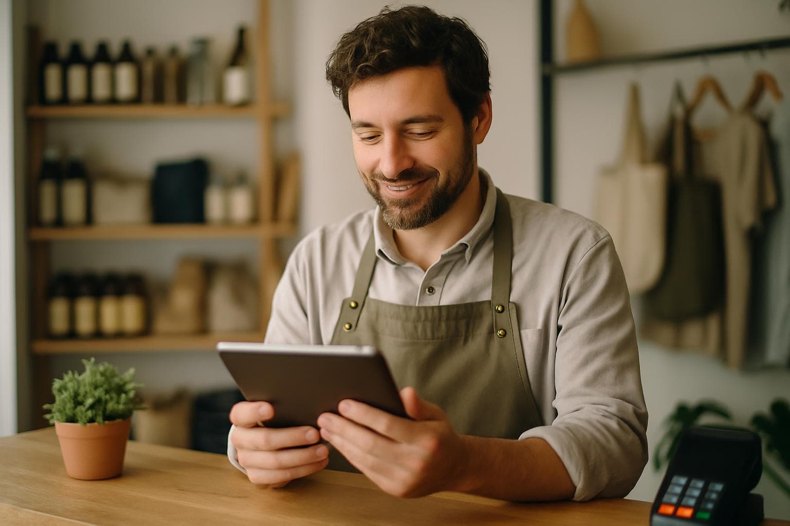 Small business owner reviewing customer conversations with an AI support assistant