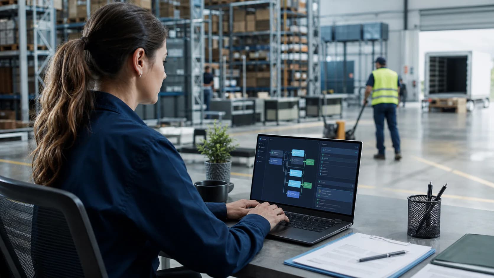 Wholesale coordinator reviewing customer operations from a warehouse office