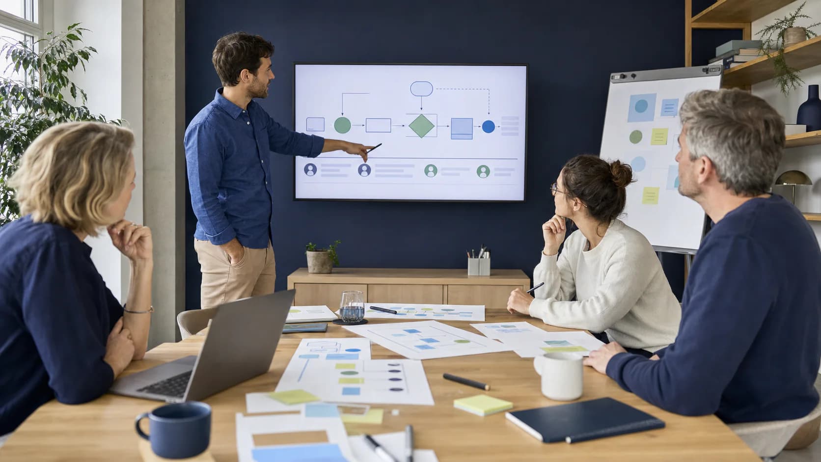 Small business team mapping an AI employee onboarding workflow