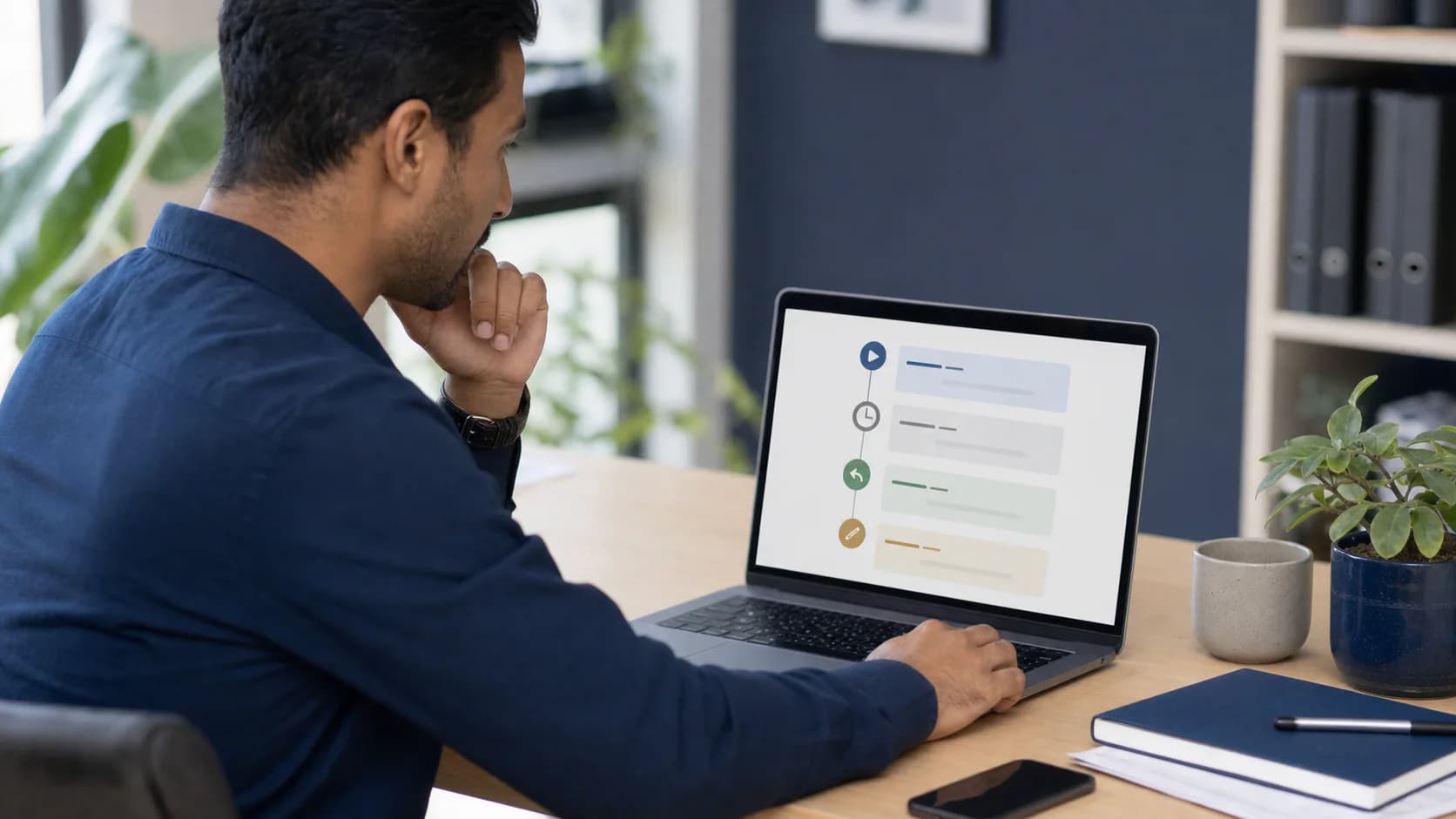 Sales professional reviewing a reply-aware follow-up timeline