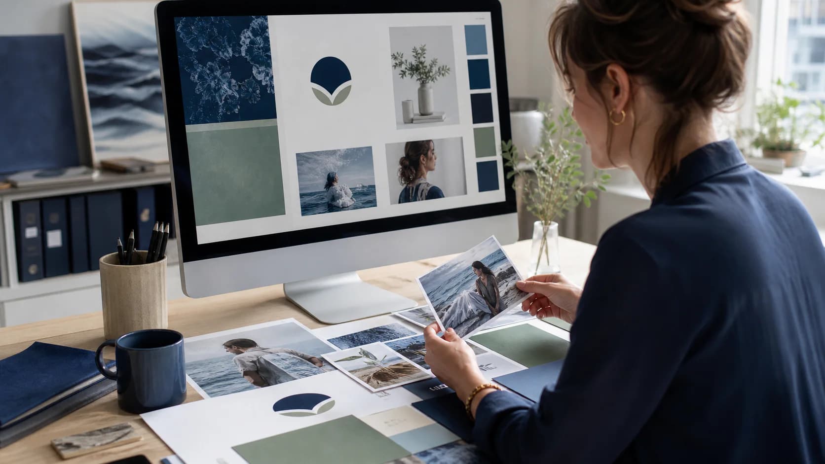 Designer arranging brand assets and realistic campaign photography