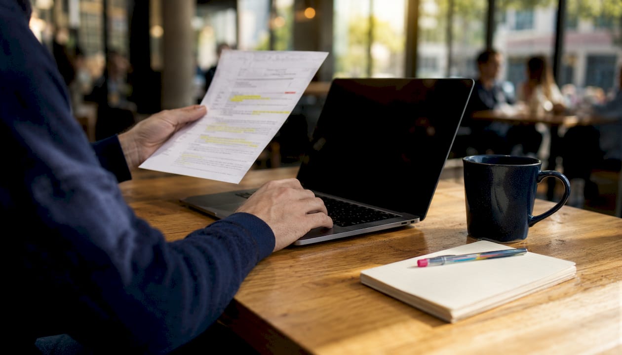 Hands reviewing email and typing in a workspace